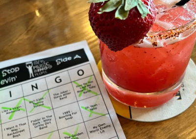 music bingo card with fruity cocktail