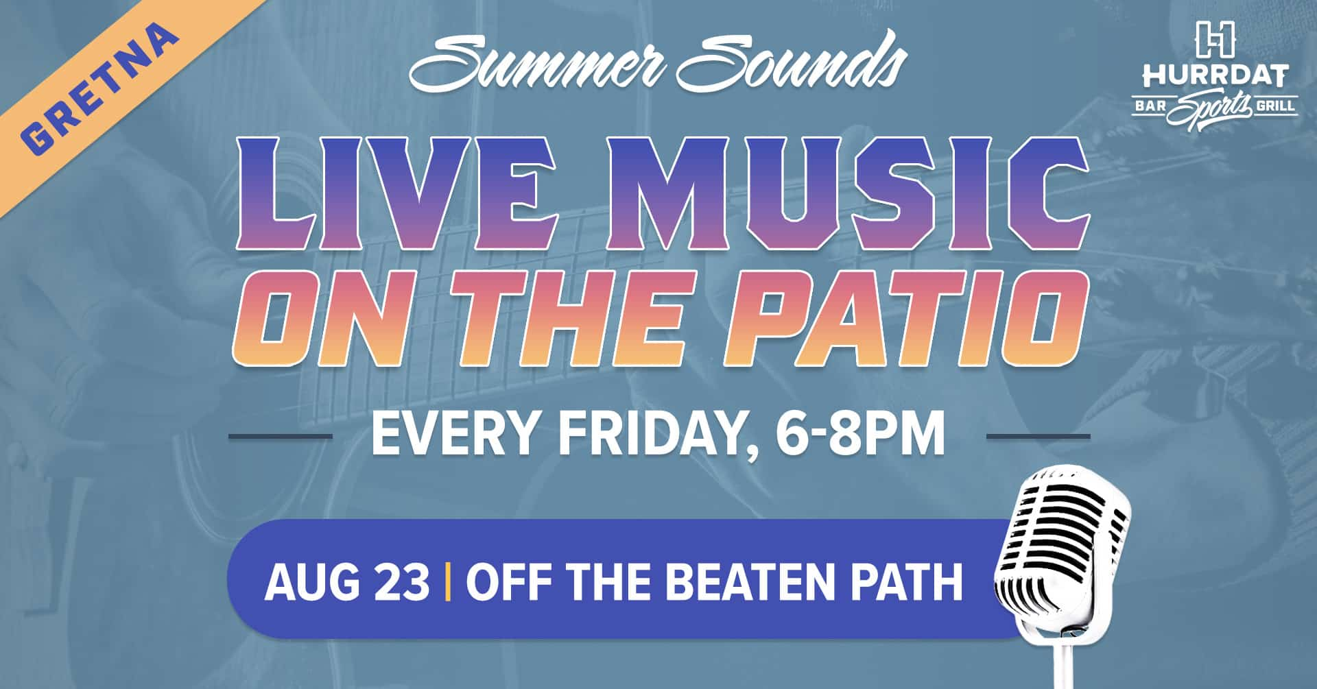 Off The Beaten Path will be playing live August 23rd! Enjoy Hurrdat Sports Bars amazing food and delicious drink menus!