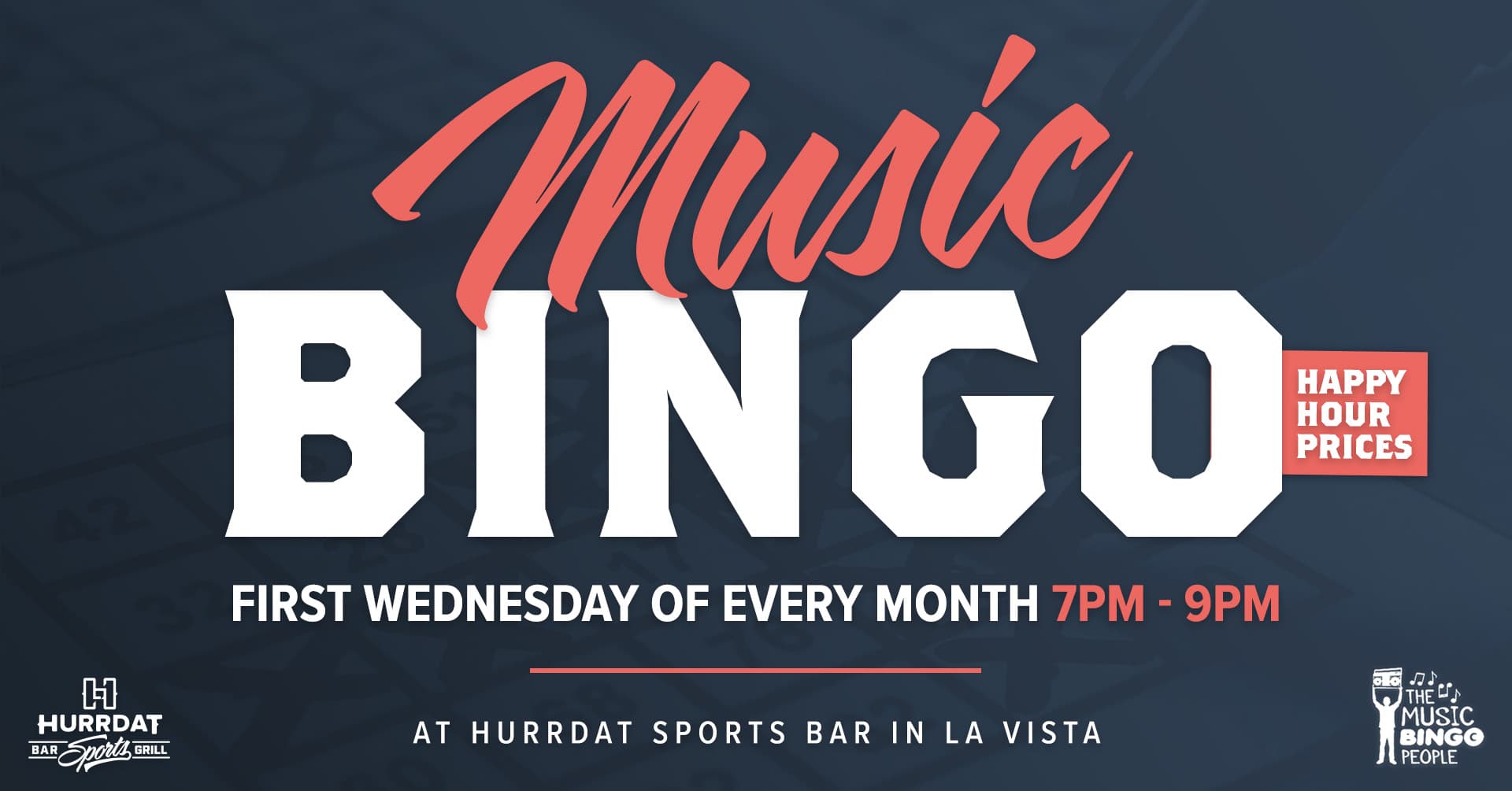 Join us for a fun filled night of music bingo at Hurrdat Sports Bar and Grill! Jam to music and mark off squares on your bingo card to win!