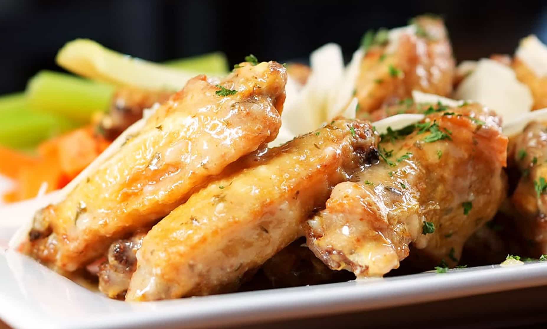 Garlic Parmesan Wings with side of celery and carrots