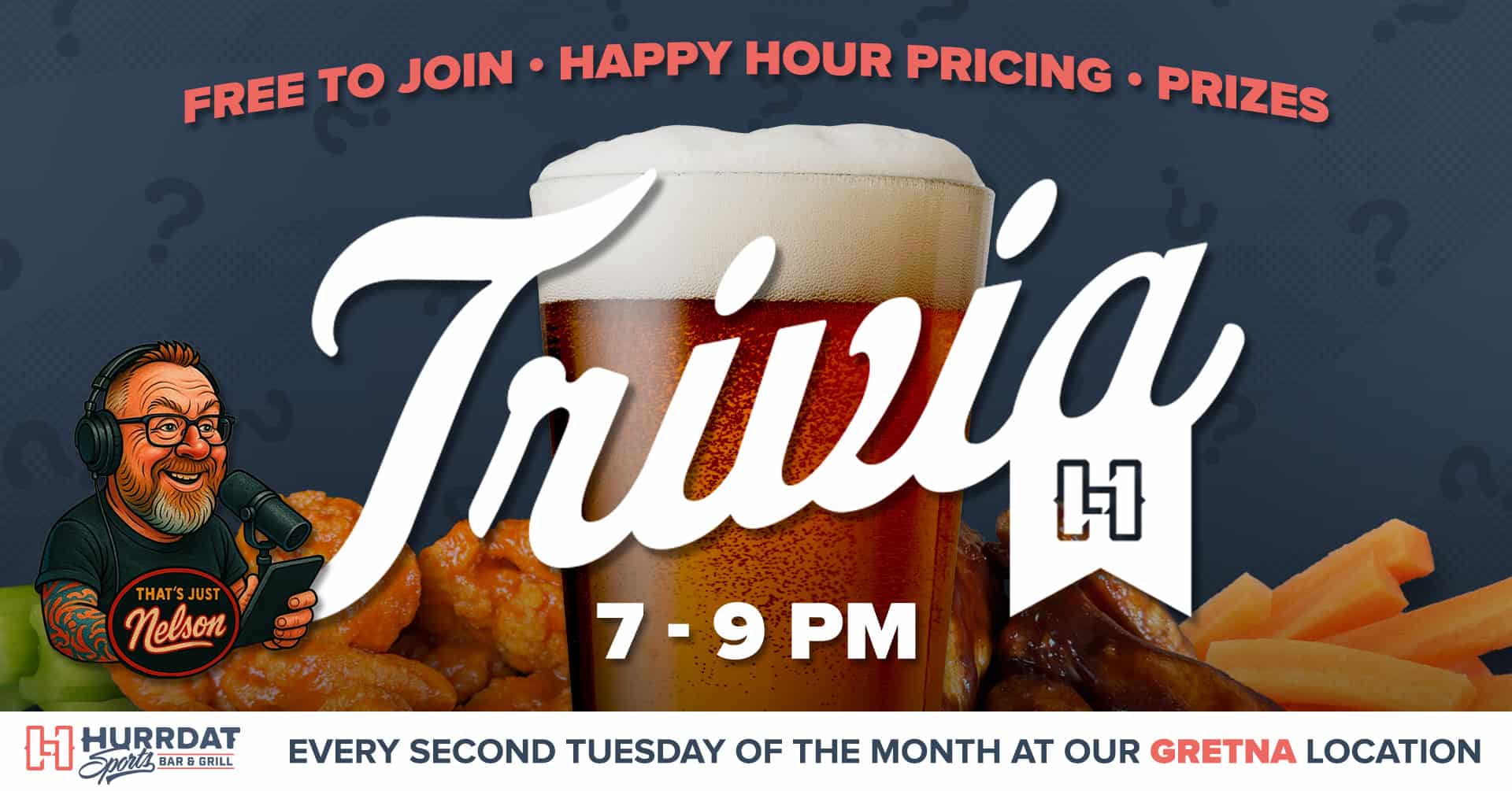 Test your knowledge and have fun at Hurrdat Sports Bar and Grill trivia night! Join us for a chance to win prizes and enjoy food and drinks!