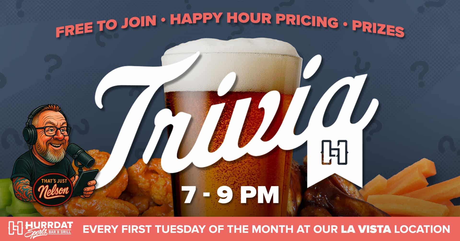 Test your knowledge and have fun at Hurrdat Sports Bar and Grill trivia night! Join us for a chance to win prizes and enjoy food and drinks!